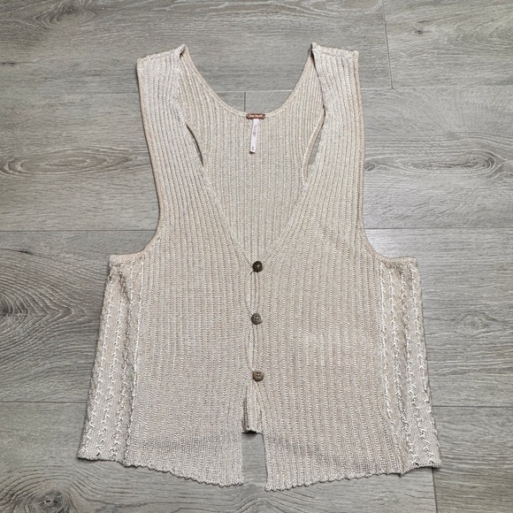 Free People Jackets & Blazers - Free‎ People Seascape Vest Metallic Knit Button Front Top Beige Size Medium M